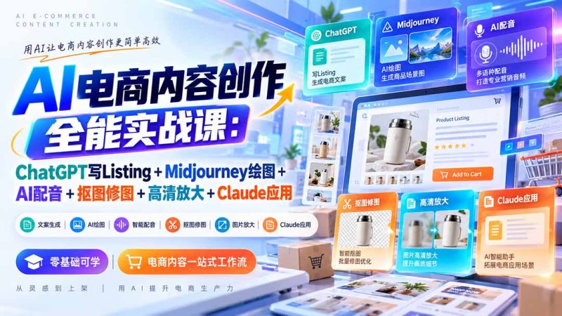 【无水印】AI电商内容创作全能实战课：ChatGPT写Listing+Midjourney绘图+AI配音+抠图修图+高清放大+Claude应用-紫橙项目网