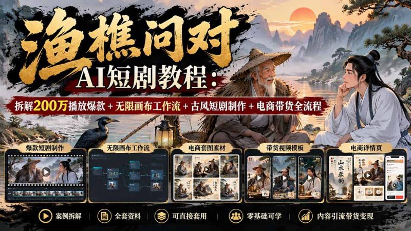 【无水印】渔樵问对AI短剧教程:拆解200万播放爆款+无限画布工作流+古风短剧制作+电商带货全流程-紫橙项目网
