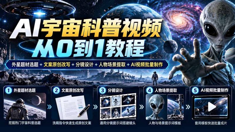 AI宇宙科普视频从0到1教程｜外星题材选题+文案原创改写+分镜设计+人物场景提取+AI视频批量制作-紫橙项目网