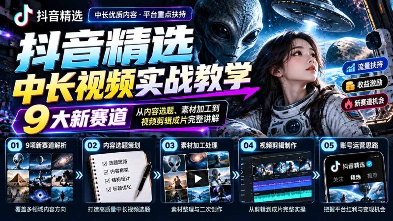 抖音精选中长视频实战教学：拆解9项细分赛道，从内容选题、素材加工到视频剪辑成片完整讲解-紫橙项目网