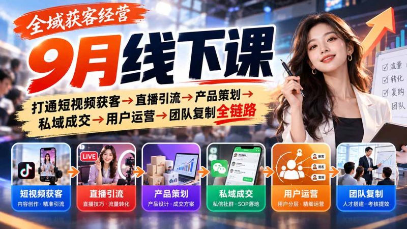 全域获客经营9月线下课：打通短视频获客→直播引流→产品策划→私域成交→用户运营→团队复制全链路-紫橙项目网