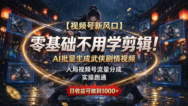【视频号新风口】零基础不用学剪辑!AI 批量生成武侠剧情视频,入局视频号流量分成,实操跑通,日收益可做到 1000+-紫橙项目网