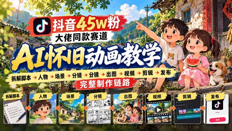 抖音45W粉大佬同款赛道AI怀旧动画教学:拆解脚本→人物→场景→分镜→出图→视频→剪辑→发布完整制作链路-紫橙项目网