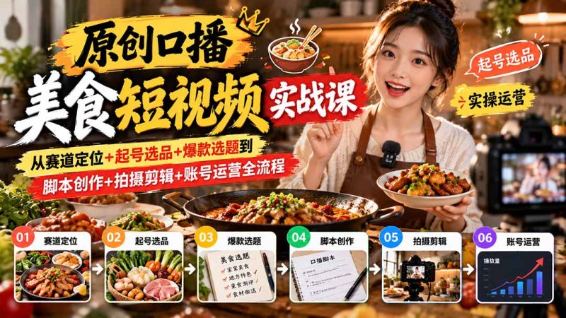 原创口播美食短视频实战课:从赛道定位+起号选品+爆款选题到脚本创作+拍摄剪辑+账号运营全流程-紫橙项目网