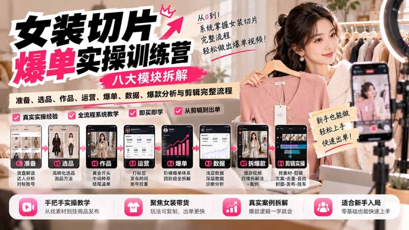 【无水印】女装切片爆单实操训练营:八大模块拆解准备、选品、作品、运营、爆单、数据、爆款分析与剪辑完整流程-紫橙项目网