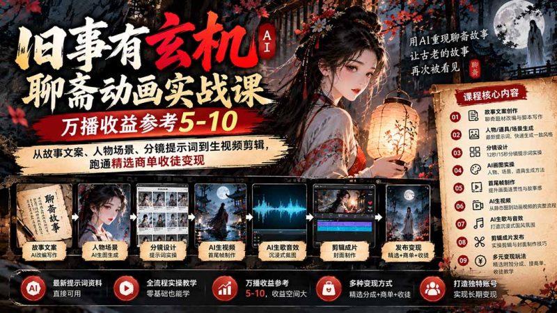 旧事有玄机AI聊斋动画实战9月新课:万播收益参考5-10,从故事文案、人物场景到分镜生视频,跑通精选商单收徒-紫橙项目网