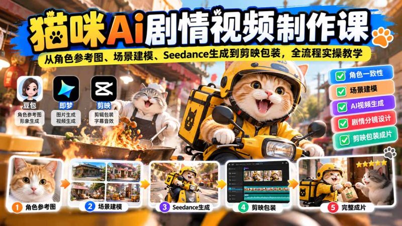 猫咪AI剧情视频制作课:从角色参考图、场景建模、Seedance生成到剪映包装,全流程实操教学-紫橙项目网