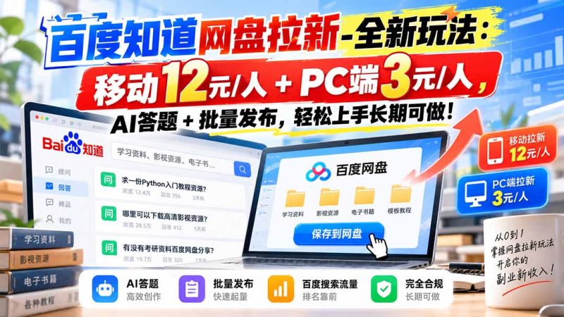 百度知道网盘拉新-全新玩法:移动12元/人+PC端3元/人,AI答题+批量发布,轻松上手长期可做!-紫橙项目网