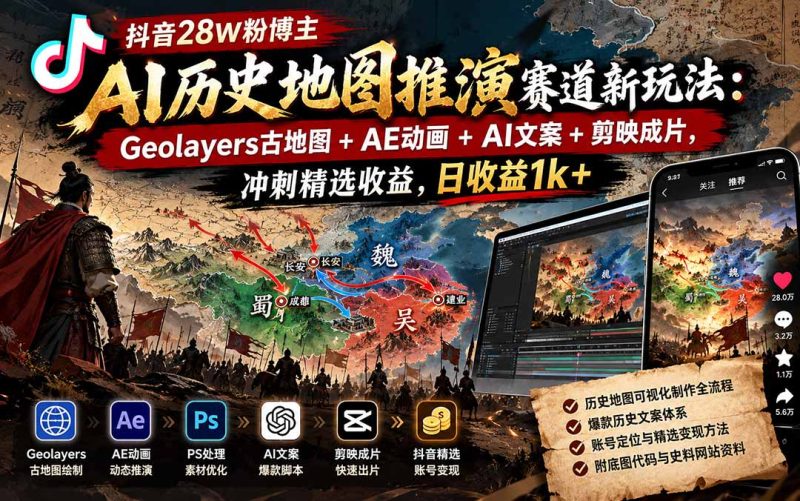 抖音28W粉博主AI历史地图推演赛道新玩法:Geolayers古地图+AE动画+AI文案+剪映成片,冲刺精选收益,日收益1k+-紫橙项目网