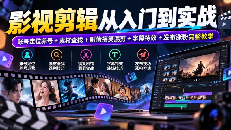 影视剪辑从入门到实战:账号定位养号+素材查找+剧情搞笑混剪+字幕特效+发布涨粉完整教学-紫橙项目网