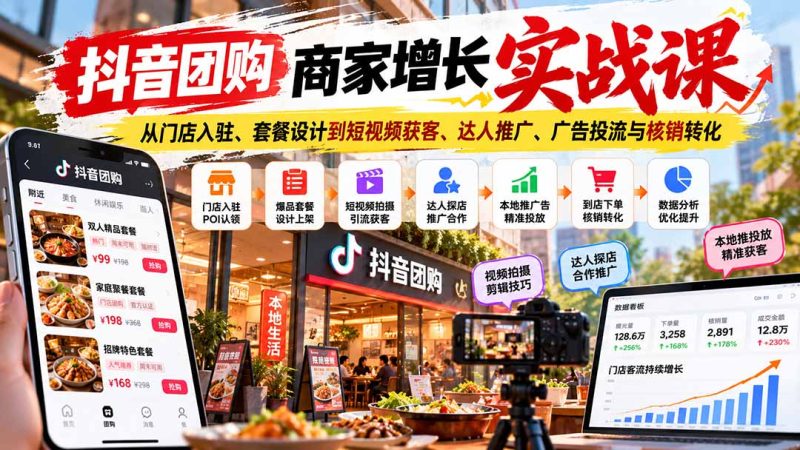 抖音团购商家增长实战课:从门店入驻、套餐设计到短视频获客、达人推广、广告投流与核销转化-紫橙项目网