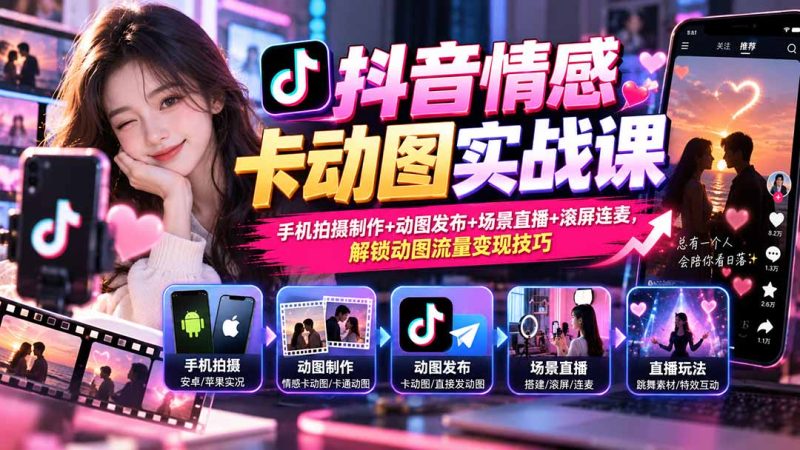 抖音情感卡动图实战课:手机拍摄制作+动图发布+场景直播+滚屏连麦,解锁动图流量变现技巧-紫橙项目网
