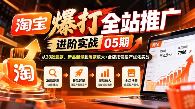 淘宝爆打全站推广进阶实战05期:从30款测款、新品起量到爆款放大+全店托管投产优化实战-紫橙项目网