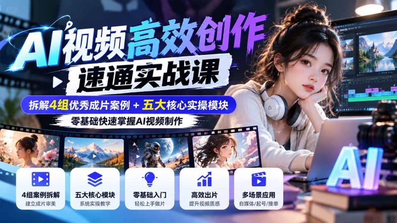 【无水印】AI视频高效创作速通实战课:拆解4组优秀成片案例+五大核心实操模块,零基础快速掌握AI视频制作-紫橙项目网