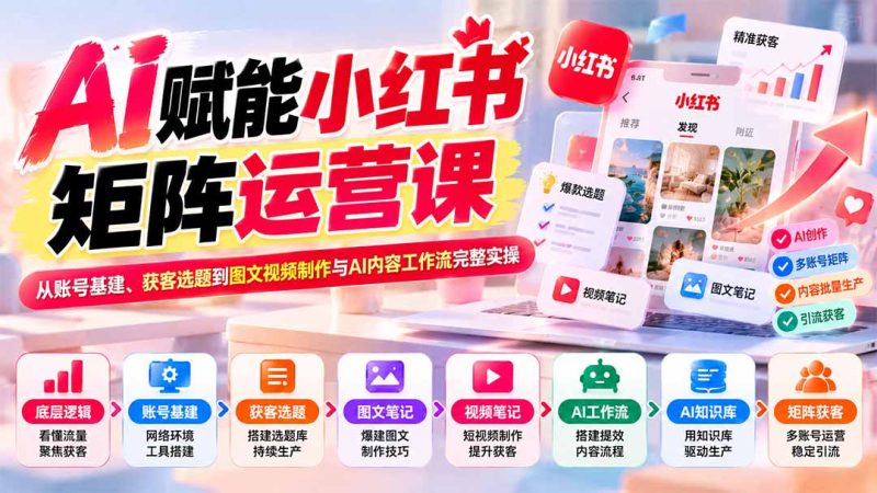 AI赋能小红书矩阵运营课:从账号基建、获客选题到图文视频制作与AI内容工作流完整实操-紫橙项目网
