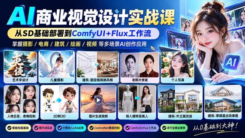 【无水印】AI商业视觉设计实战课:从SD基础部署到ComfyUI+Flux工作流,掌握摄影电商建筑AI创作-紫橙项目网