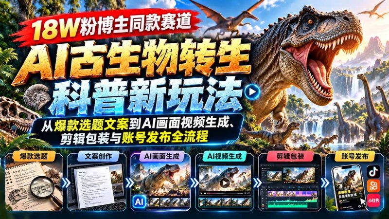 18W粉博主同款赛道-AI古生物转生科普新玩法：从爆款选题文案到AI画面视频生成、剪辑包装与账号发布全流程-紫橙项目网