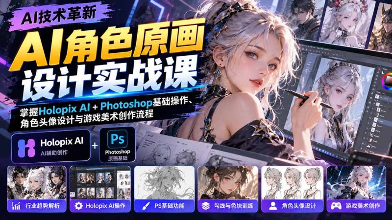 AI角色原画设计实战课：掌握Holopix AI+Photoshop基础操作、角色头像设计与游戏美术创作流程-紫橙项目网