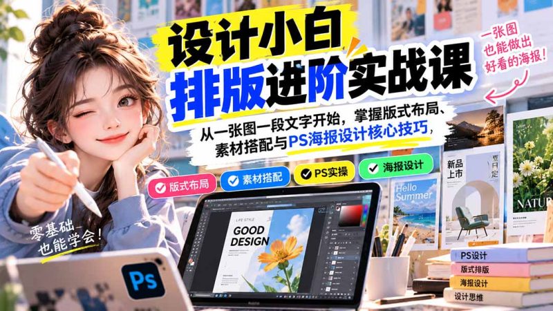 设计小白排版进阶实战课：从一张图一段文字开始，掌握版式布局、素材搭配与PS海报设计核心技巧-紫橙项目网