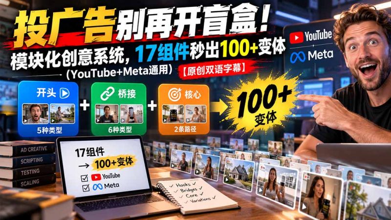 投广告别再开盲盒！模块化创意系统，17组件秒出100+变体（YouTube+Meta通用）【原创双语字幕】-紫橙项目网
