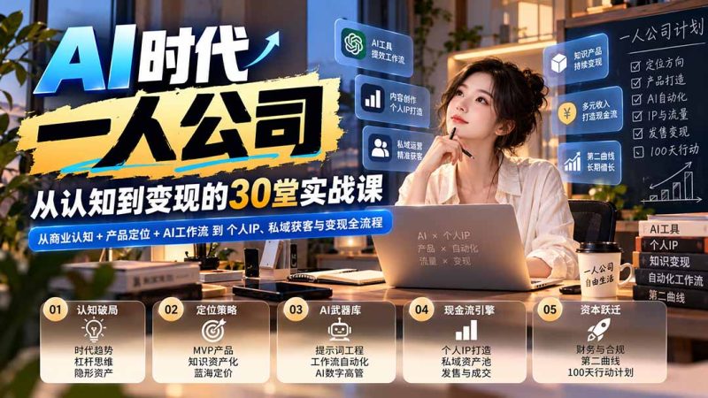 【无水印】AI时代一人公司30堂实战课：从商业认知+产品定位+AI工作流到个人IP、私域获客与变现全流程-紫橙项目网