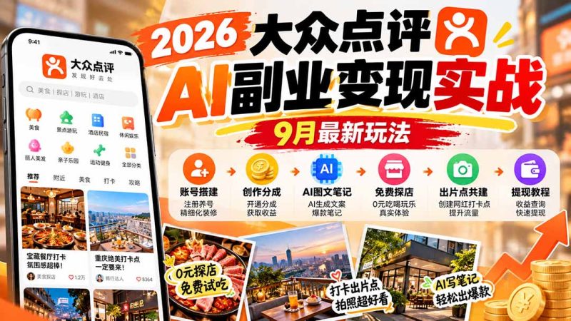 2026大众点评AI副业变现实战9月最新玩法:账号搭建+创作分成+AI图文笔记+免费探店+出片点共建与提现教程-紫橙项目网