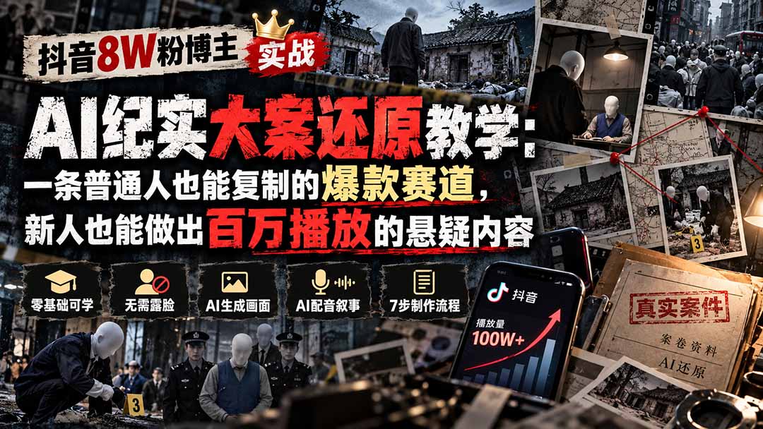 抖音8W粉博主AI纪实大案还原教学：一条普通人也能复制的爆款赛道，新人也能做出百万播放的悬疑内容