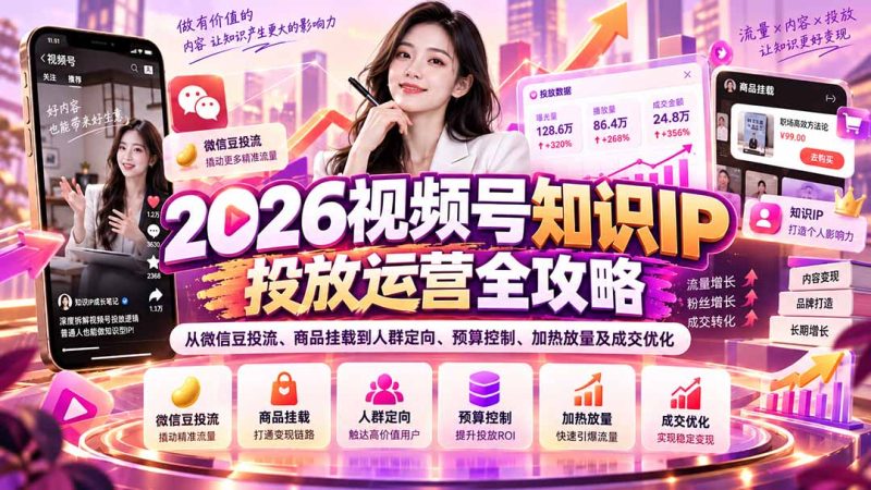 2026视频号知识IP投放运营全攻略：从微信豆投流、商品挂载到人群定向、预算控制、加热放量及成交优化-紫橙项目网