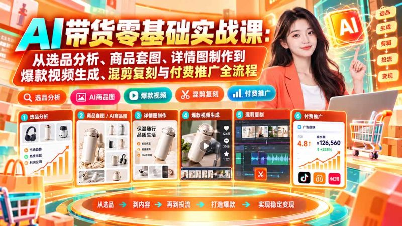 AI带货零基础实战课：从选品分析、商品套图、详情图制作到爆款视频生成、混剪复刻与付费推广全流程-紫橙项目网