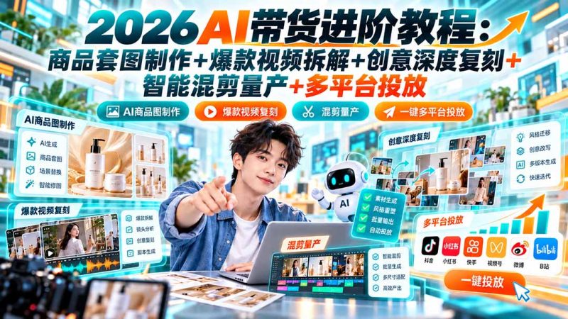2026AI带货进阶教程：商品套图制作+爆款视频拆解+创意深度复刻+智能混剪量产+多平台投放-紫橙项目网