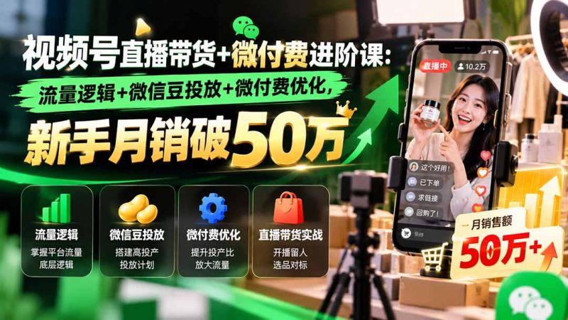 视频号直播带货+微付费进阶课-更新1010：流量逻辑+微信豆投放+微付费优化，新手月销破50万-紫橙项目网