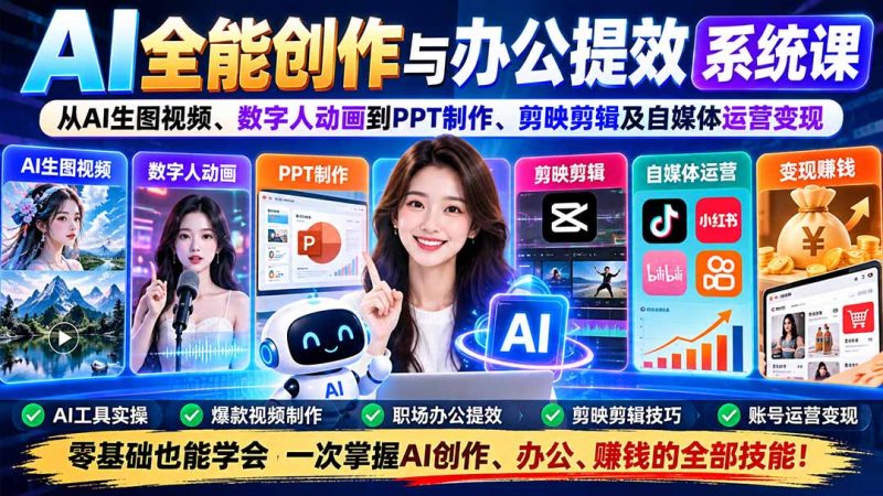 AI全能创作与办公提效系统课：从AI生图视频、数字人动画到PPT制作、剪映剪辑及自媒体运营变现-紫橙项目网