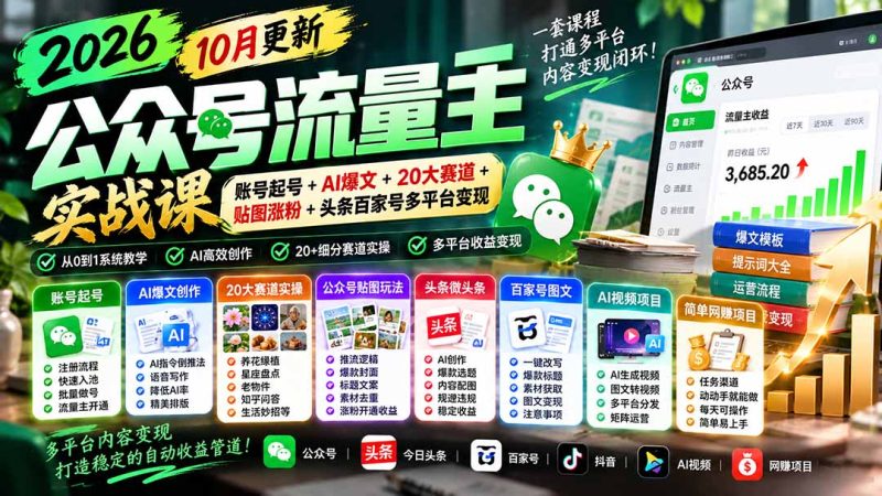 2026公众号流量主实战课-10月更新：账号起号+AI爆文+20大赛道+贴图涨粉+头条百家号多平台变现-紫橙项目网