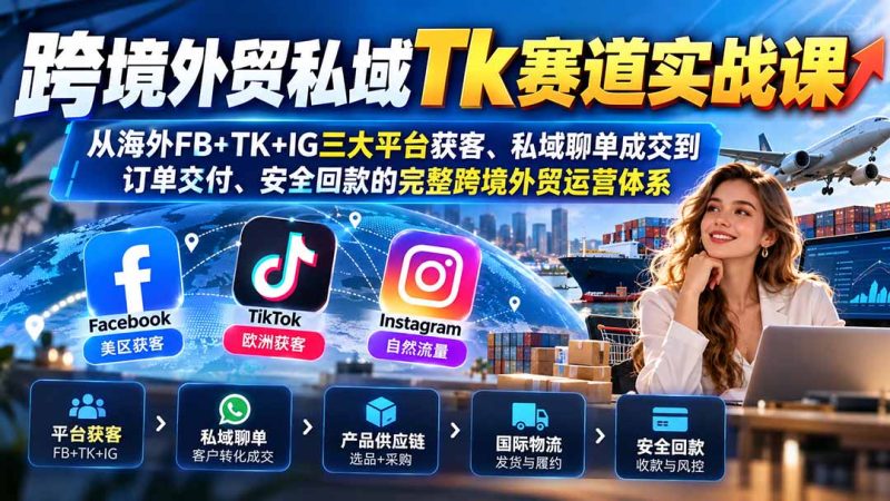 跨境外贸私域Tk赛道实战课：从海外FB+TK+IG三大平台获客、私域聊单成交到订单交付、安全回款的完整跨境外贸运营体系-紫橙项目网