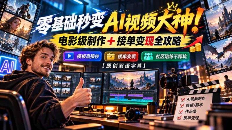 零基础秒变AI视频大神!电影级制作 + 接单变现全攻略,模板直接抄,社区陪练不踩坑【原创双语字幕】-紫橙项目网