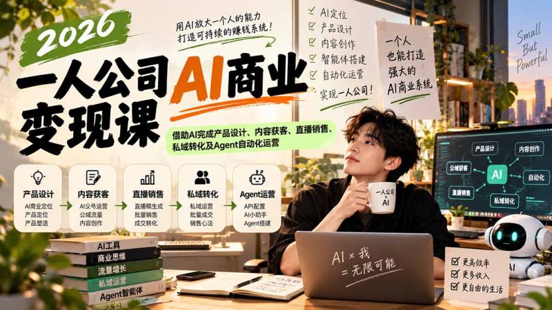 2026一人公司AI商业变现课：借助AI完成产品设计、内容获客、直播销售、私域转化及Agent自动化运营 - 中创网