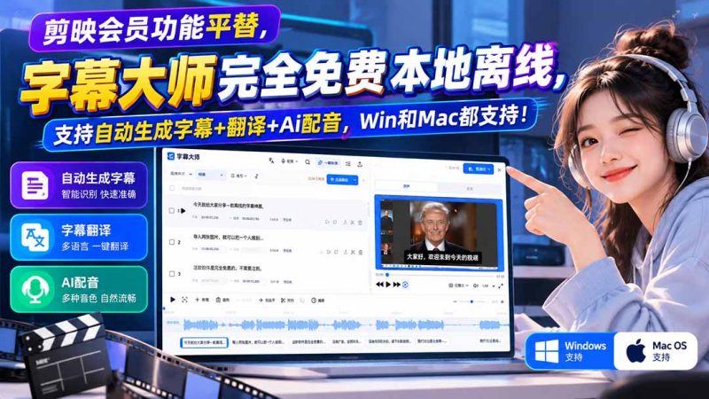 剪映会员功能平替,字幕大师完全免费本地离线,支持自动生成字幕+翻译+Ai配音,Win和Mac都支持!-紫橙项目网