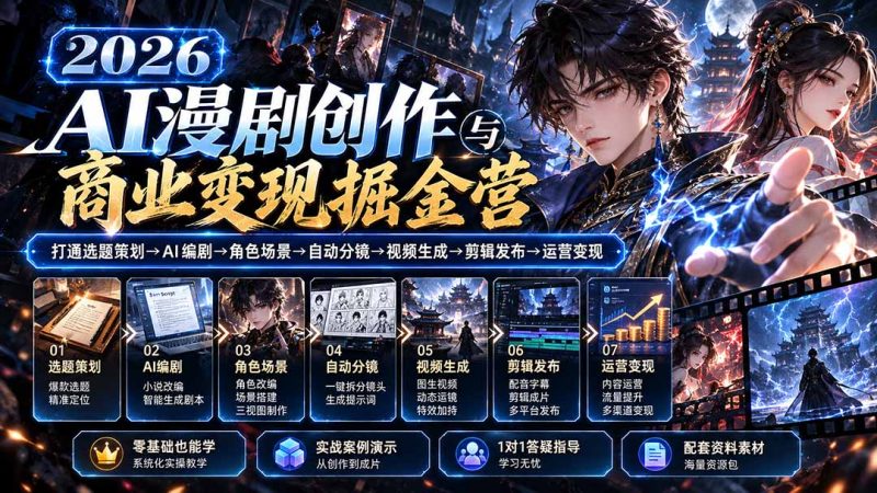 【无水印】2026AI漫剧创作与商业变现掘金营:打通选题→AI编剧→角色场景→自动分镜→视频生成→剪辑发布→运营变现-紫橙项目网