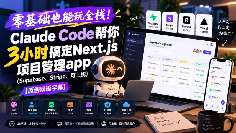 零基础也能玩全栈!Claude Code帮你3小时搞定Next.js项目管理app(Supabase、Stripe、可上线)【原创双语字幕】 - 中创网