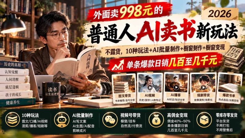 外面卖998元的2026普通人AI卖书新玩法:不露脸、不囤货,10种玩法+AI批量制作+橱窗变现,单条爆款日销几百至几千元-紫橙项目网