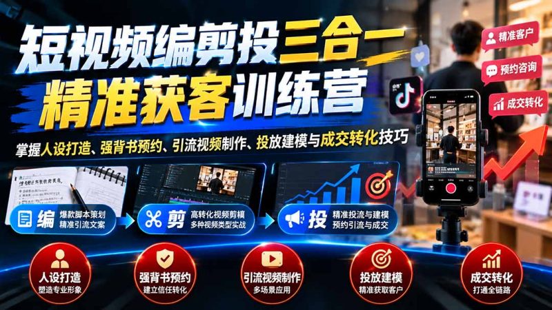 短视频编剪投三合一精准获客训练营:掌握人设打造、强背书预约、引流视频制作、投放建模与成交转化技巧-紫橙项目网