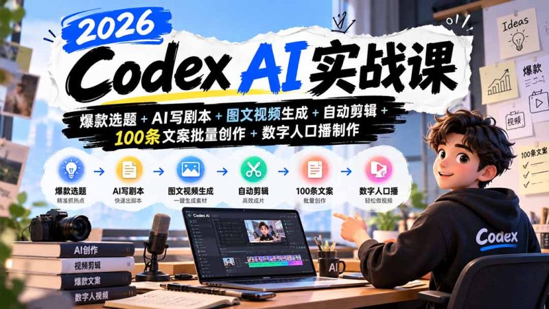 2026Codex AI实战课:爆款选题+AI写剧本+图文视频生成+自动剪辑+100条文案批量创作+数字人口播制作-紫橙项目网
