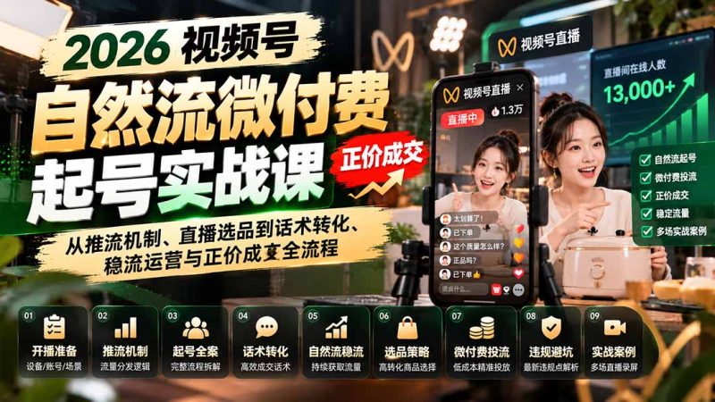2026视频号自然流微付费起号实战课:从推流机制、直播选品到话术转化、稳流运营与正价成交全流程-紫橙项目网