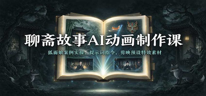 聊斋故事AI动画制作课:狐面娘案例实操,提示词指令,剪映预设特效素材-紫橙项目网