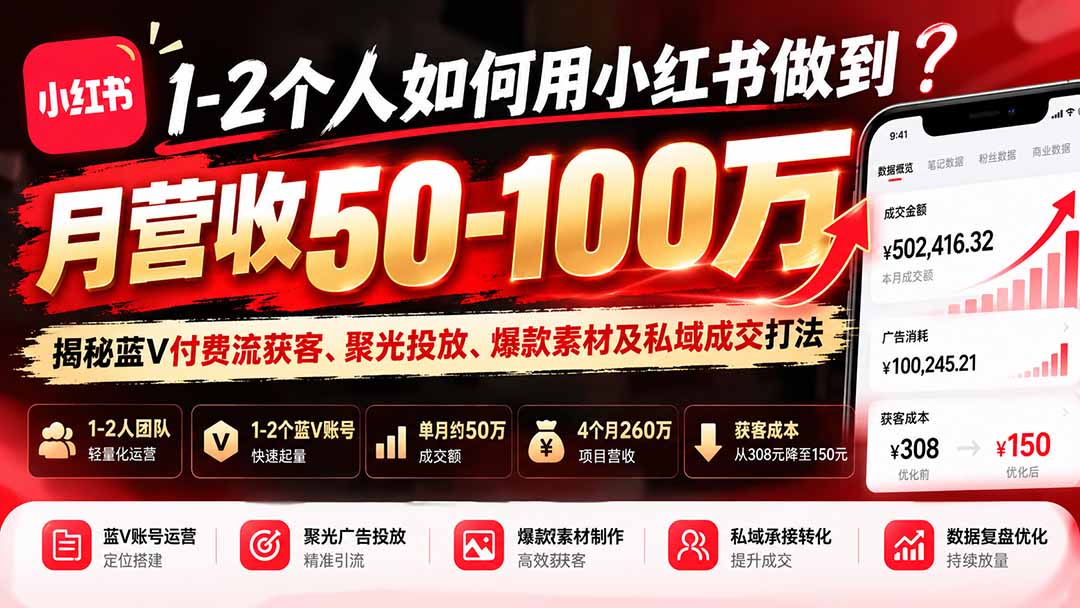 1-2个人如何用小红书做到月营收50-100万？揭秘蓝V付费流获客、聚光投放、爆款素材及私域成交打法
