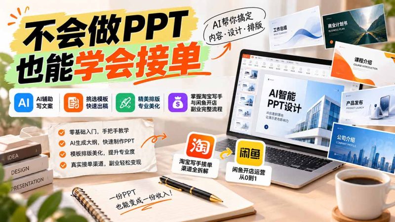 不会做PPT也能学会接单:AI辅助写文案、挑模板、做排版,掌握淘宝写手与闲鱼开店副业完整流程-紫橙项目网