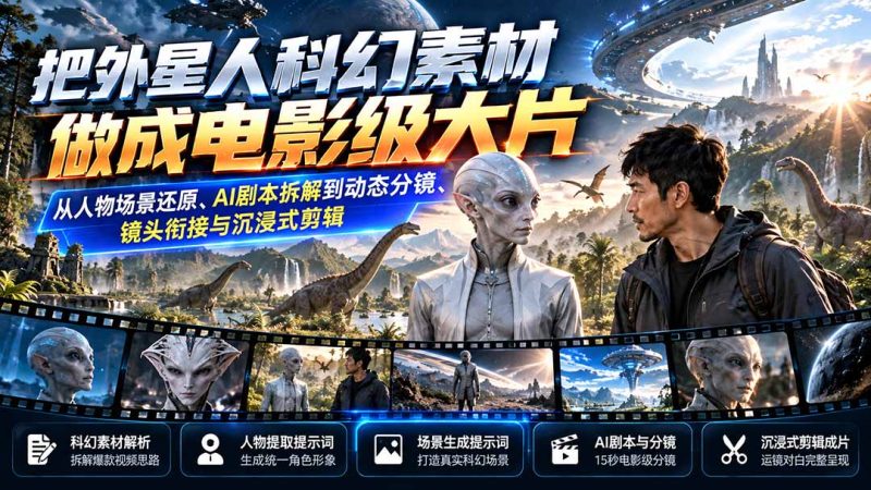 把外星人科幻素材做成电影级大片:从人物场景还原、AI剧本拆解到动态分镜、镜头衔接与沉浸式剪辑-紫橙项目网