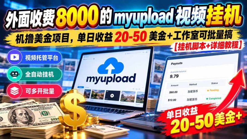 外面收费8000的myupload视频挂机撸美金项目,单日收益20-50美金+工作室可批量搞【挂机脚本+详细教程】-紫橙项目网