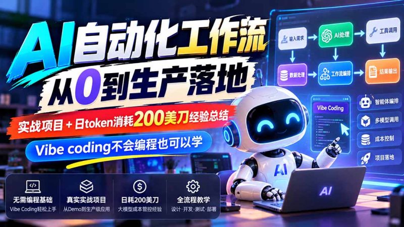 【无水印】AI自动化工作流从0到生产落地,实战项目+日token消耗200美刀经验总结,Vibe coding不会编程也可以学-紫橙项目网