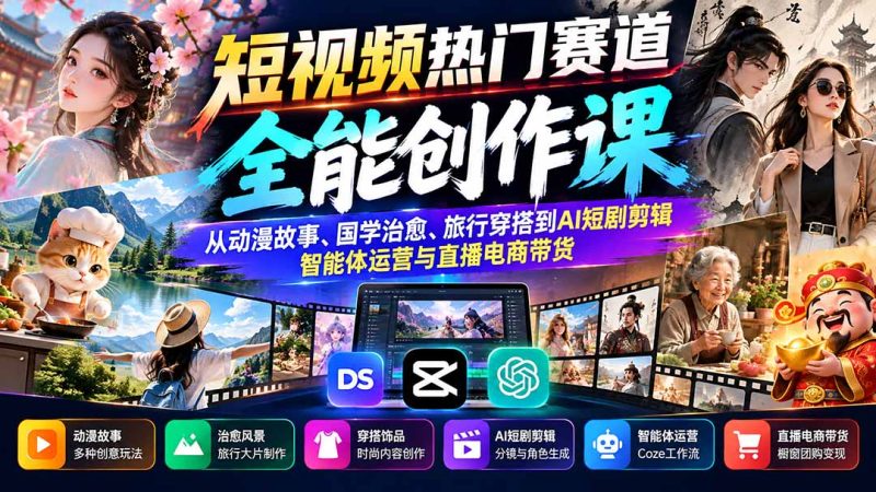 短视频热门赛道全能创作课:从动漫故事、国学治愈、旅行穿搭到AI短剧剪辑、智能体运营与直播电商带货-紫橙项目网